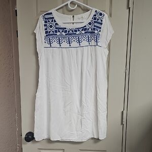Women's White and Blue Embroidered Dress